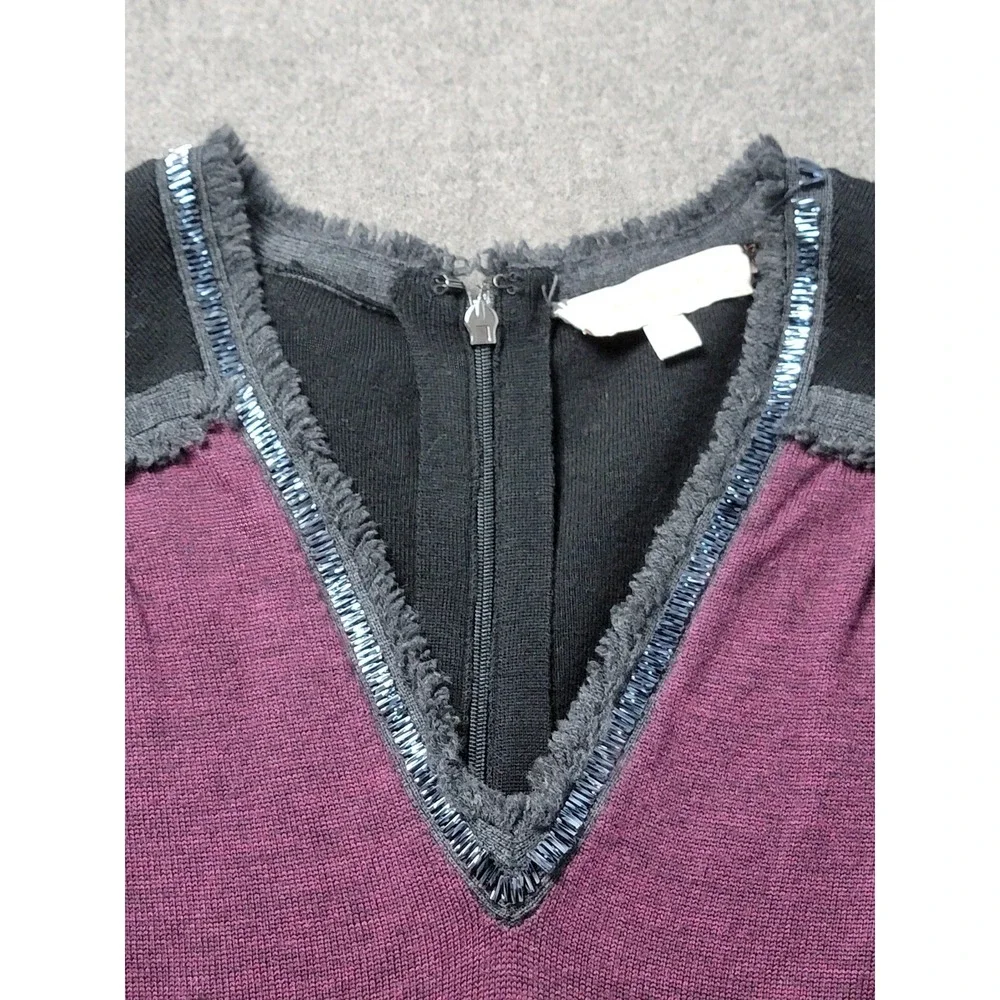 Tory Burch Women's Wool Blend Dress L Black Purple Sleeveless Sheath‎ Midi